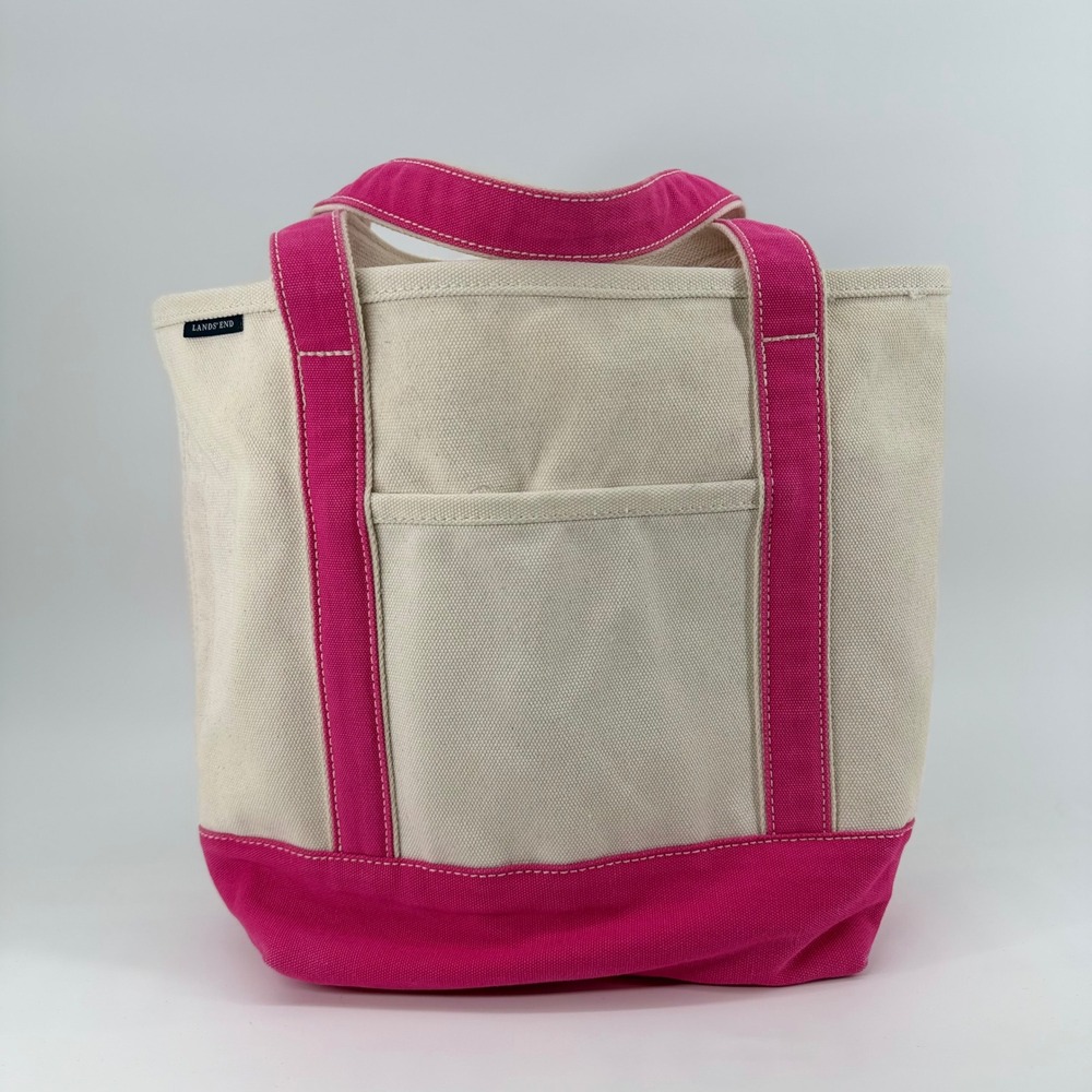 Lands End Canvas Tote Bag Open Top Pink Cream Preppy Beach Bag Medium